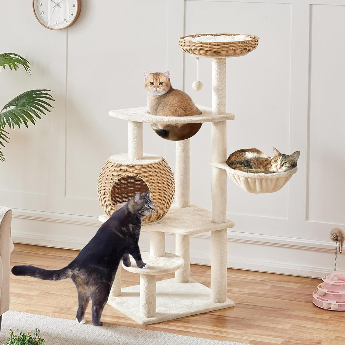 Yaheetech 54in Rattan Cat Tree, Modern Tower with Breathable Woven Condo, Scratching Posts &