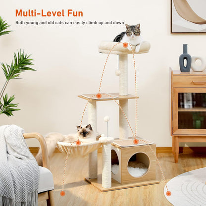 PEQULTI Cat Tree Modern Cat Tower for Indoor Cats,Multilevel Cat Play House with Large Condo