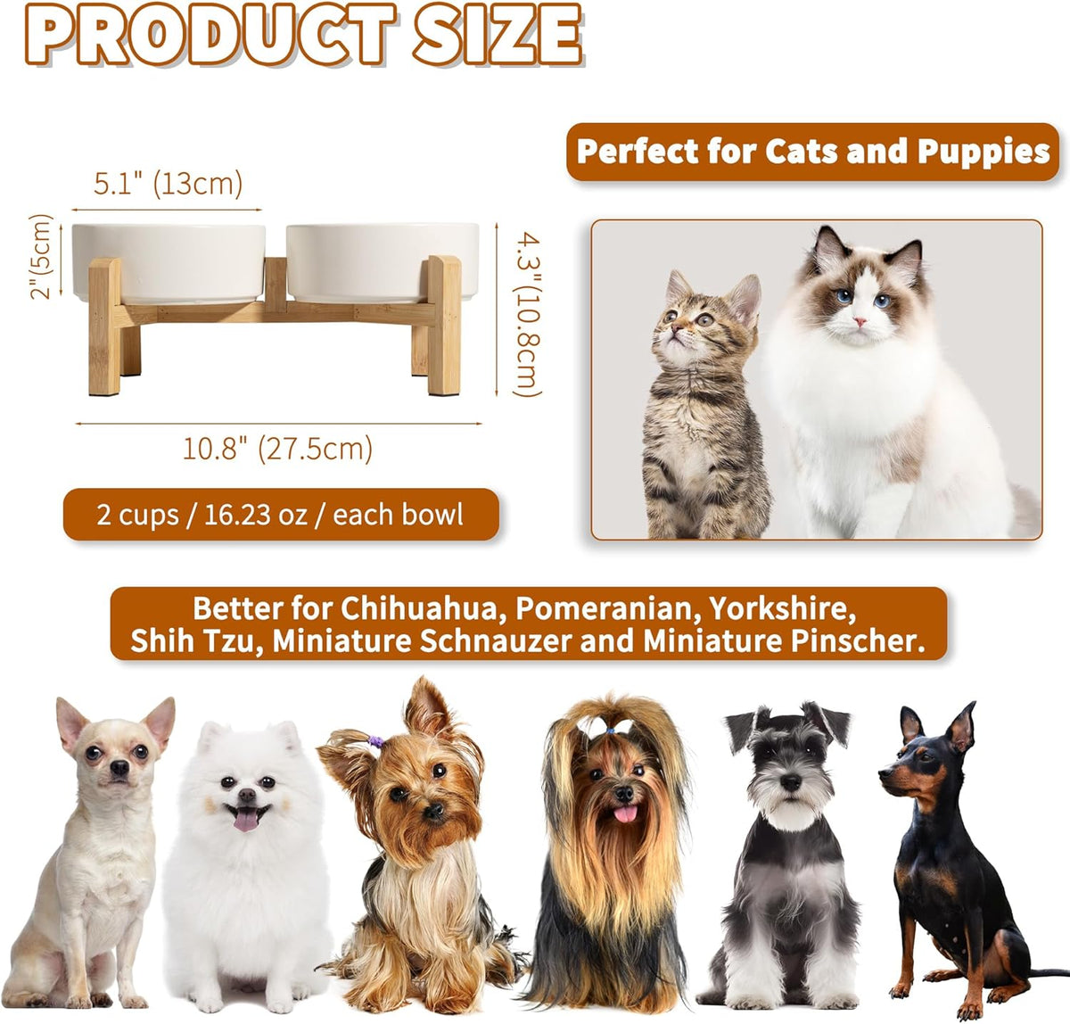 Elevated Ceramic Dog Bowl Set - Raised Feeding Bowls with Non-Slip Bamboo Stand - Small Pet Dishes