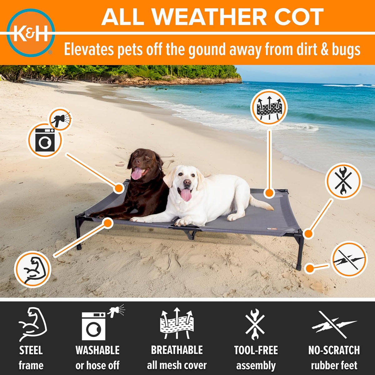 K&H Pet Products Elevated Outdoor Dog Cot Bed, Raised Cooling Bed with Washable Breathable Mesh for