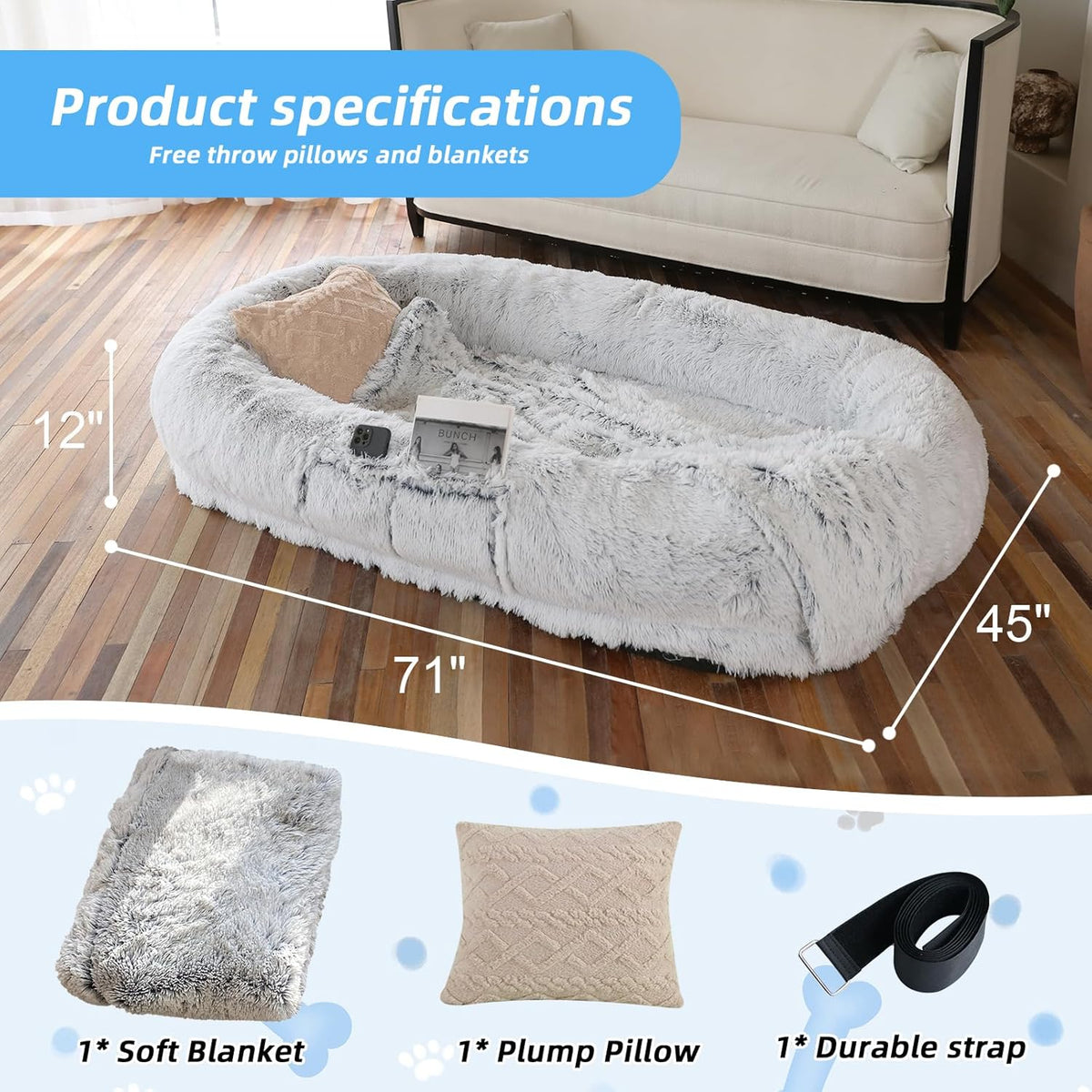 Human Dog Bed - 71"x45"x12" Fits You & Pets, Washable Faux Fur, Orthopedic, Plump Pillow, Blanket