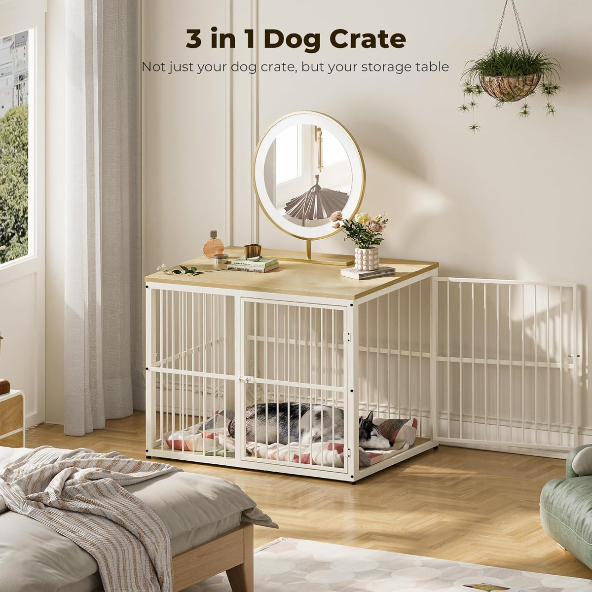 Lyromix 43'' Dog Crate Furniture with 3 Doors, XL Wooden Crate End Table, Heavy Duty Indoor Puppy