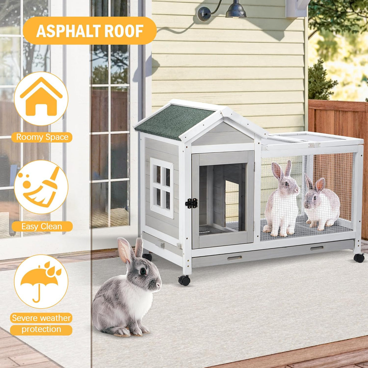Wooden Rabbit Hutch with Waterproof Roof,Outdoor/Indoor Bunny Cage with Removable Slide-Out Bottom