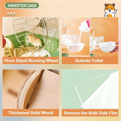 8 in 1 Clear Acrylic Hamster Cage with All Accessories,13.5''L* 10''W* 13''H Dwarf Hamster