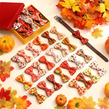 Hillban 50 Pcs Fall Thanksgiving Dog Collar Bow Ties Maple Leaves Dogs Collar Accessories Bow Ties