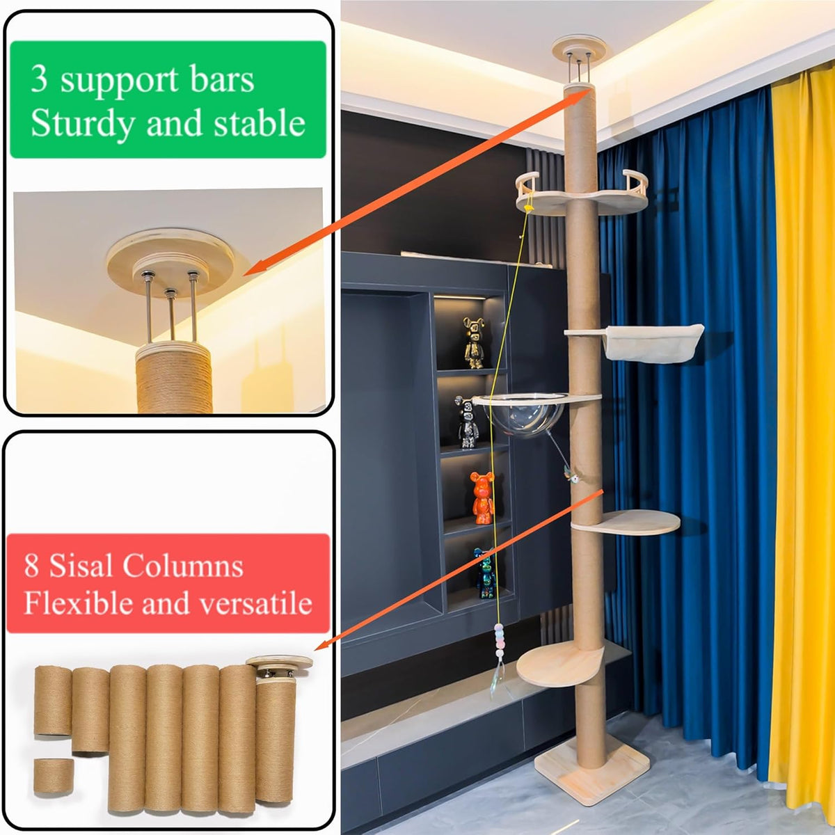 Floor to Ceiling Cat Tree Height (50-120 in) Adjustable Cat Tower 5 Tier Hemp Scratching Post High