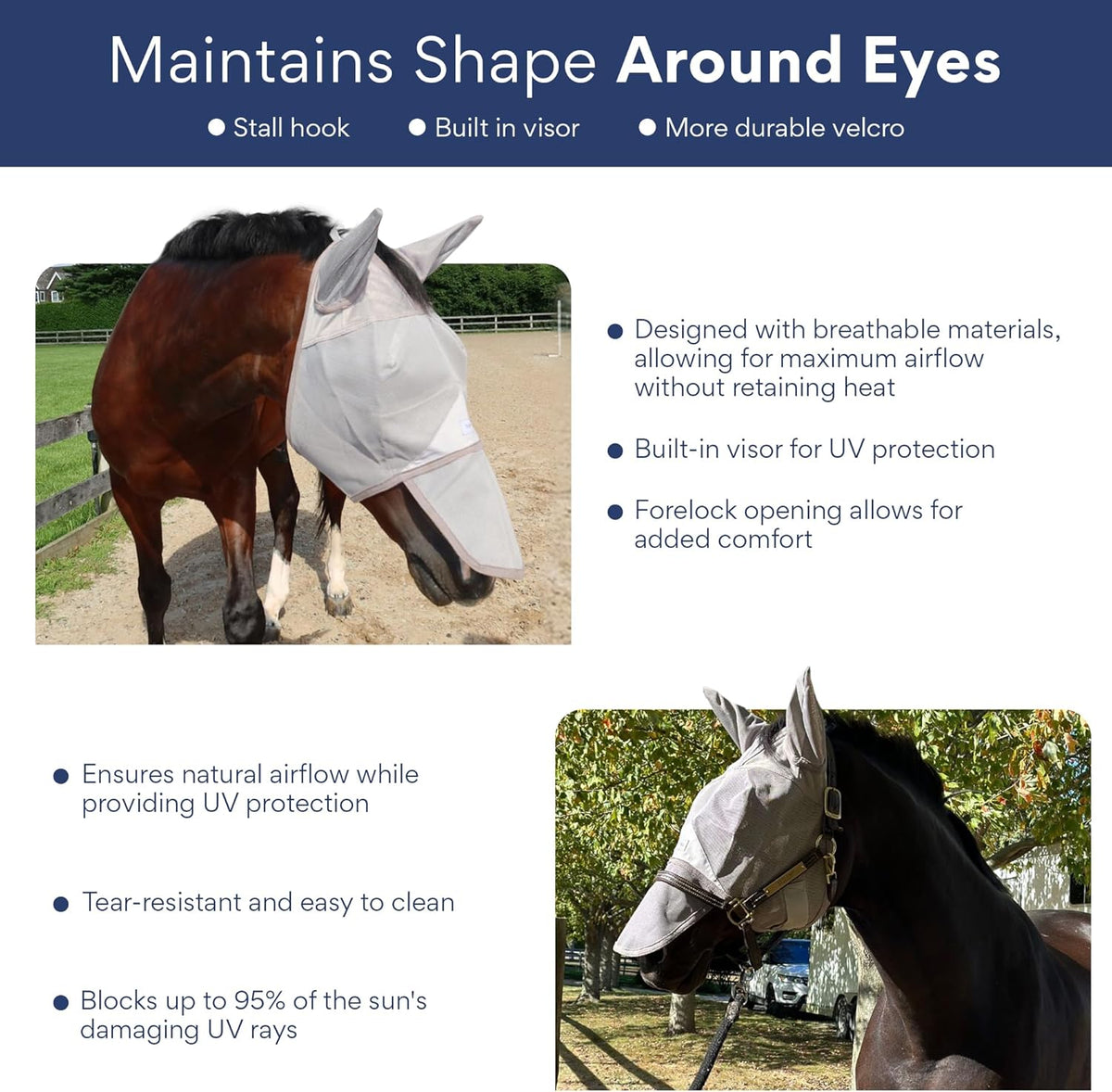 Horse Fly Mask with Nose Cover and Ears | 95% UV Eye Protection | Built-in Visor | Breathable