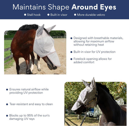 Horse Fly Mask with Nose Cover and Ears | 95% UV Eye Protection | Built-in Visor | Breathable