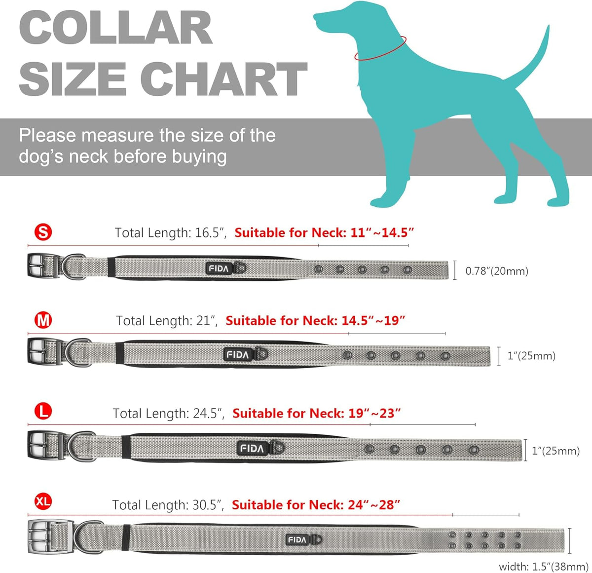 Fida Heavy Duty Dog Collar 1.5” Width, Ultra Soft Neoprene Padded, Adjustable Reflective Nylon Pet