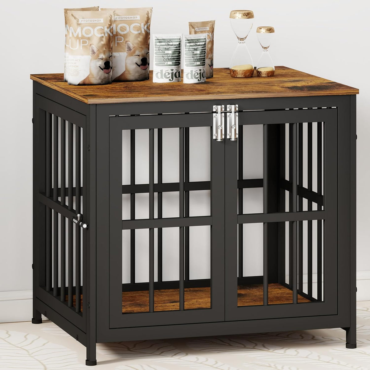 26 Inch Heavy Duty Wooden Dog Kennel End Table with Double Door Design and Secure Locks, Indoor Pet