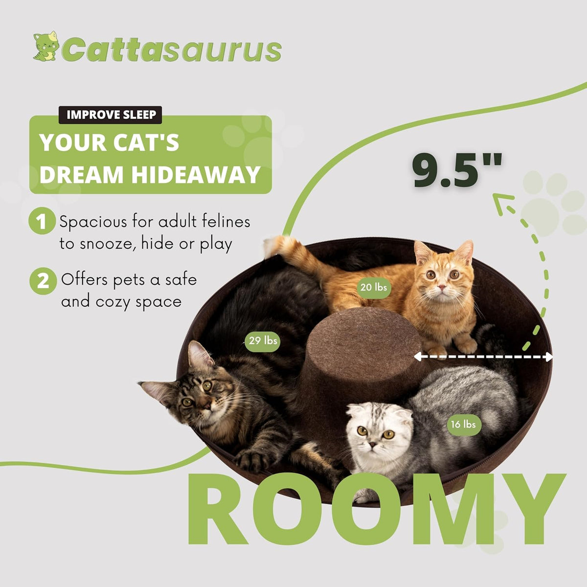 Cattasaurus Peekaboo Cat Cave for Multiple & Large Cats Up to 30-45 Lbs, Scratch Detachable &