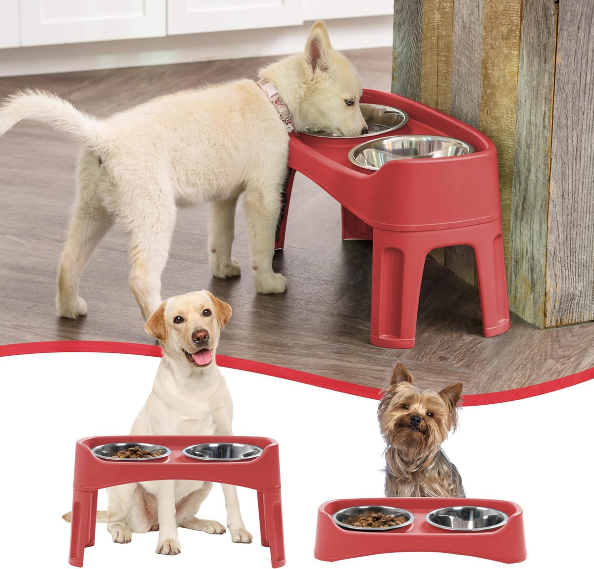 IRIS USA Elevated Dog Bowls, Adjustable Height, 2 Thick 64 oz Stainless Steel Bowls, Spill-Proof