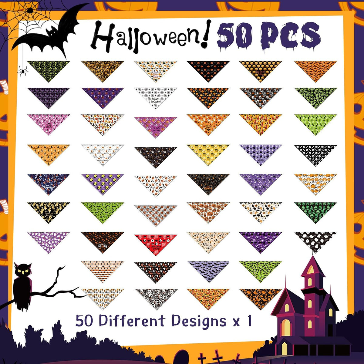 Abbylike 50 Pcs Halloween Dog Bandanas Bulk Pet Scarfs Triangle Bibs Adjustable Washable Puppy