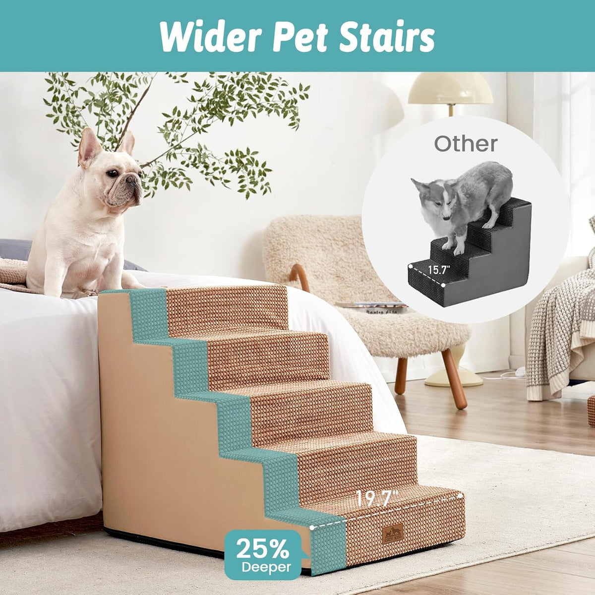 Dog Stairs for Small Dogs, 5 Tier Removable Wider Pet Stairs for Couch and Bed, 23.6" H Non-Slip
