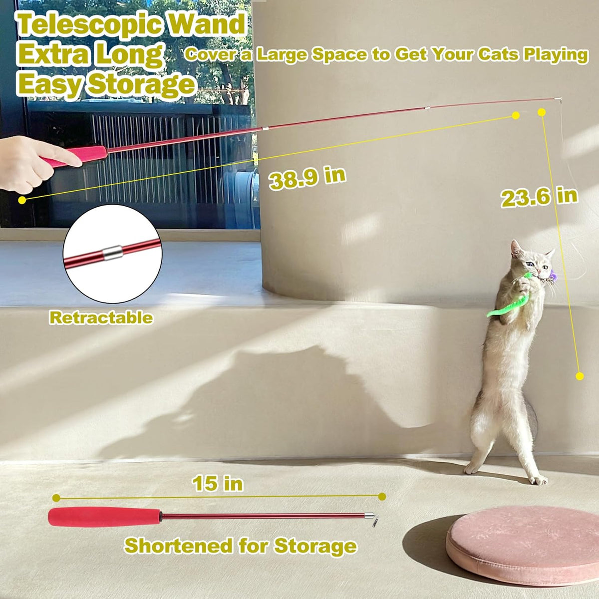 Interactive Cat Toys - Retractable Wand Toy and Feather Toys Refills for Indoor Cats to Chase and