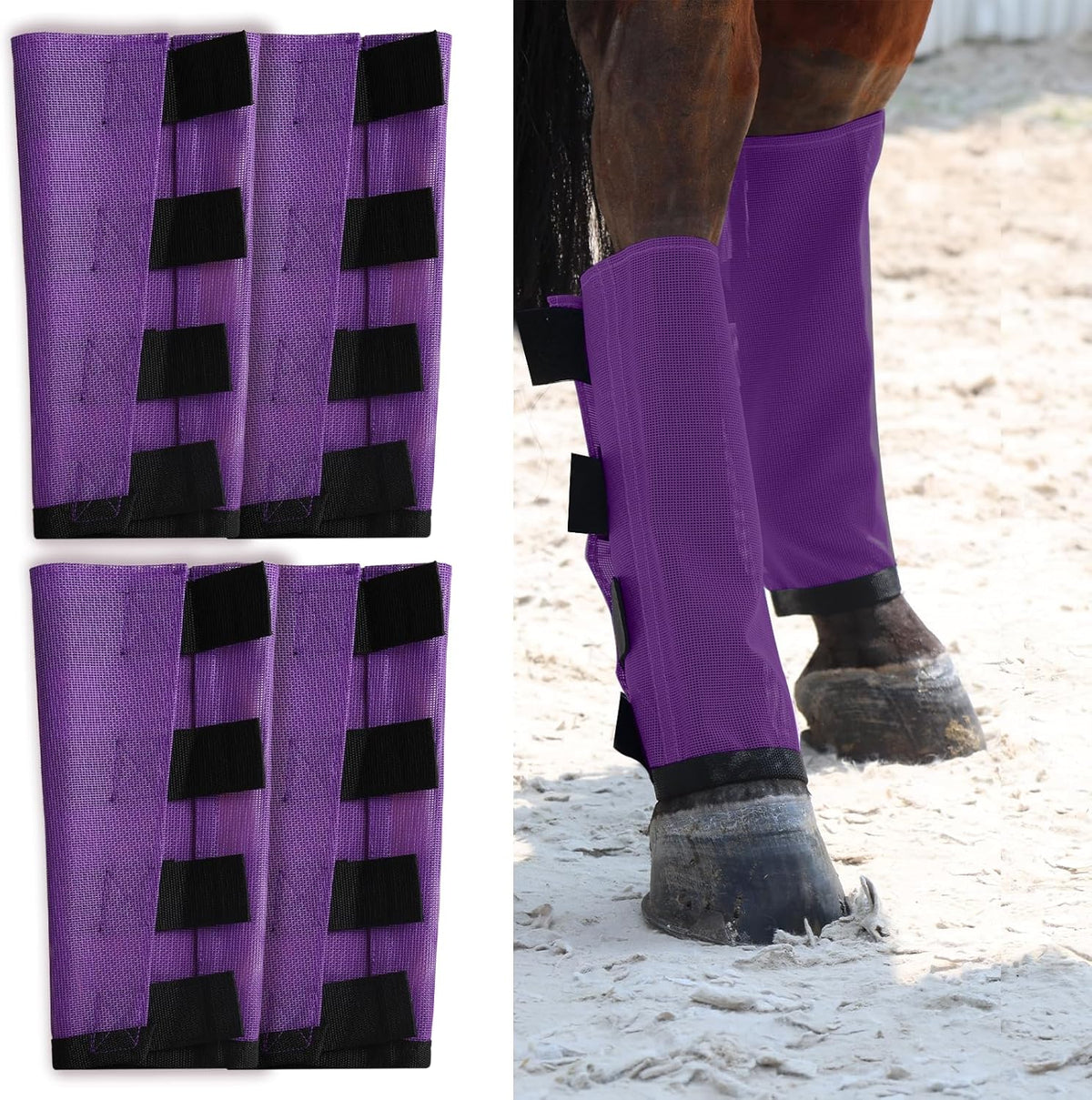 Premium 4-Pack Horse Fly Boots & Leggings Loose-Fit Fine Mesh with Stay-On Fasteners, Support