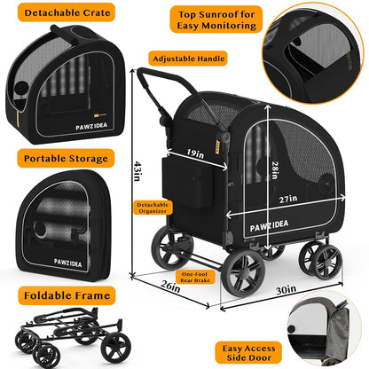 PAWZIDEA Dog Stroller for Large Dogs, Pet Stroller with Detachable Carrier for Portable Dog Crate