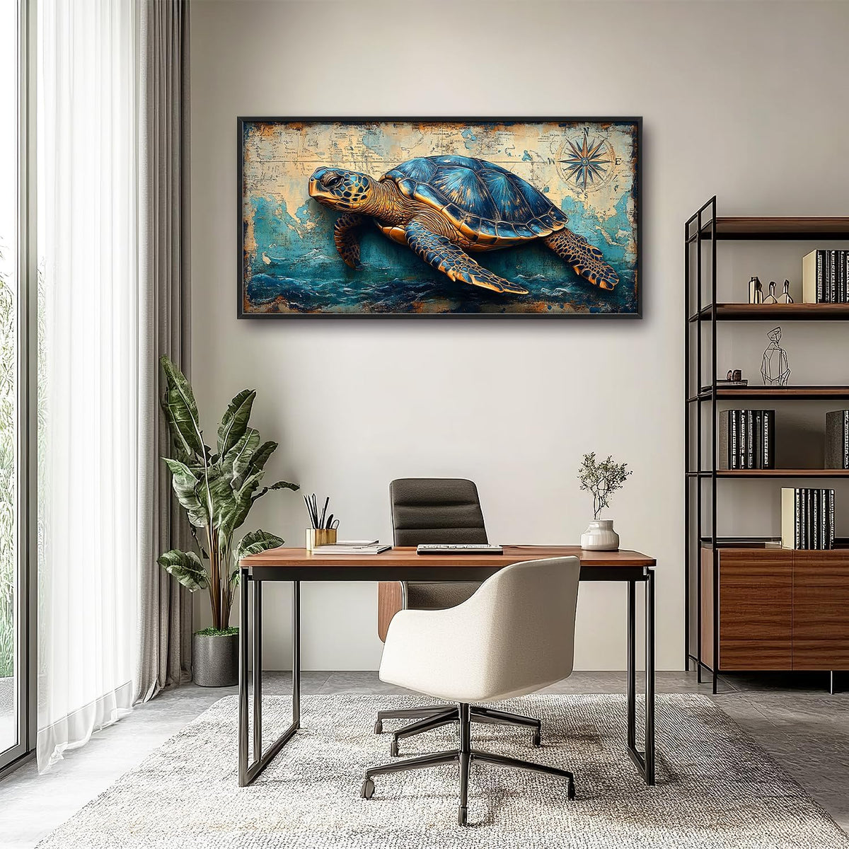 Large Nautical Turtle Wall Art for Living Room, Coastal Ocean Canvas Oversized Wall Decor, Beach