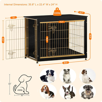 DWANTON Dog Crate Furniture with Cushion, Wooden Kennel Table with Double Doors, Indoor Dog House