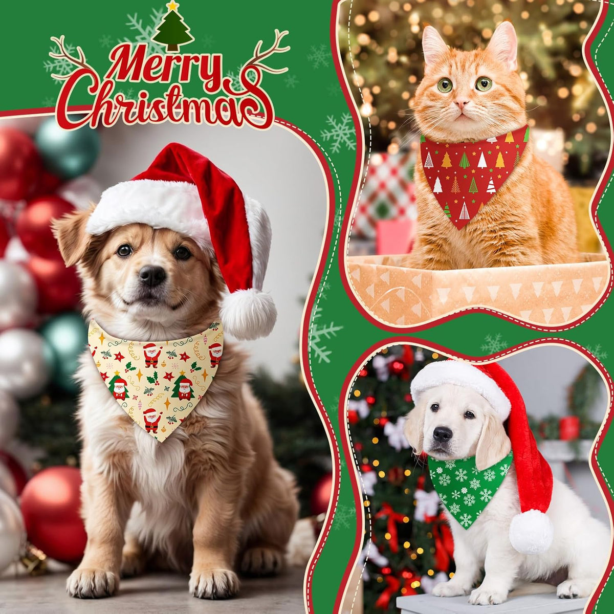 Chunful 30 Pcs Christmas Bandanas for Dogs Xmas Bandanas Bulk with Santa Snowflake Candy Cane