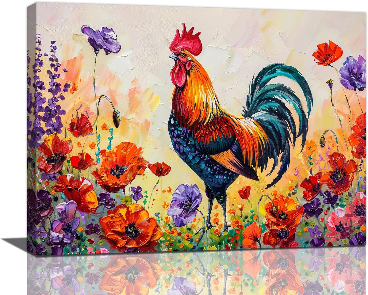 Rooster Wall Art Flower Poppy Canvas Living Room Pictures Framed Prints Colorful Floral Large Wall