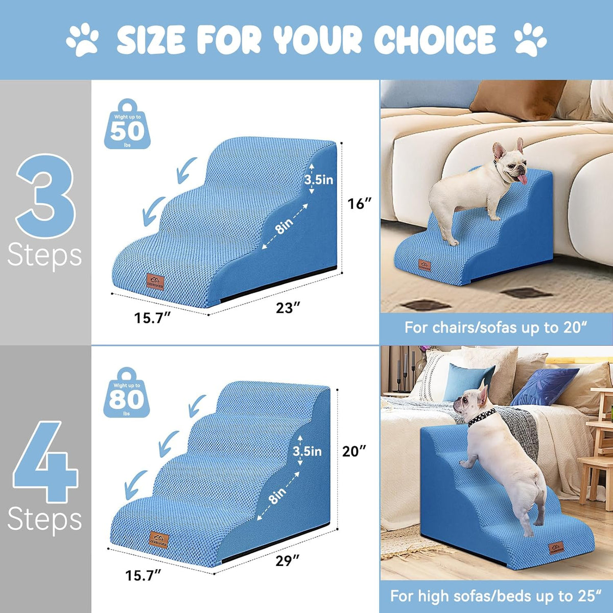 Dog Ramp and Stair for Bed 16" H-20 H,3-Step Cat Stair for Sofa and Chair,4-Step Dog Ramp for High