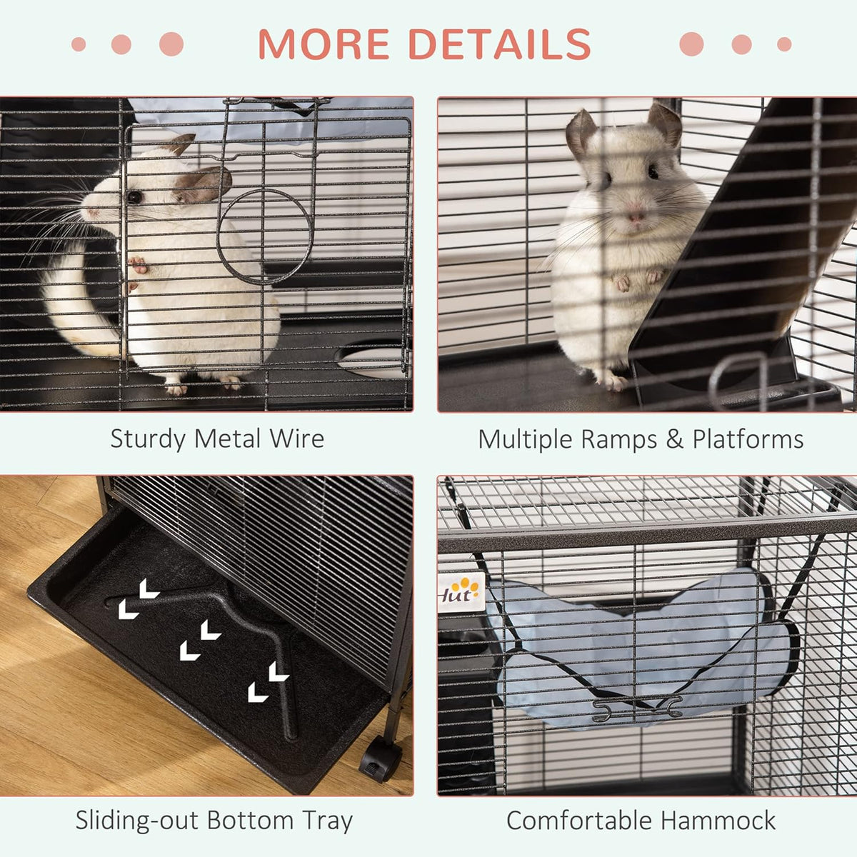 PawHut Metal Small Animal Cage, 4-Tiers Rolling Big Ferret Cage with Hammock, Removable Tray, for