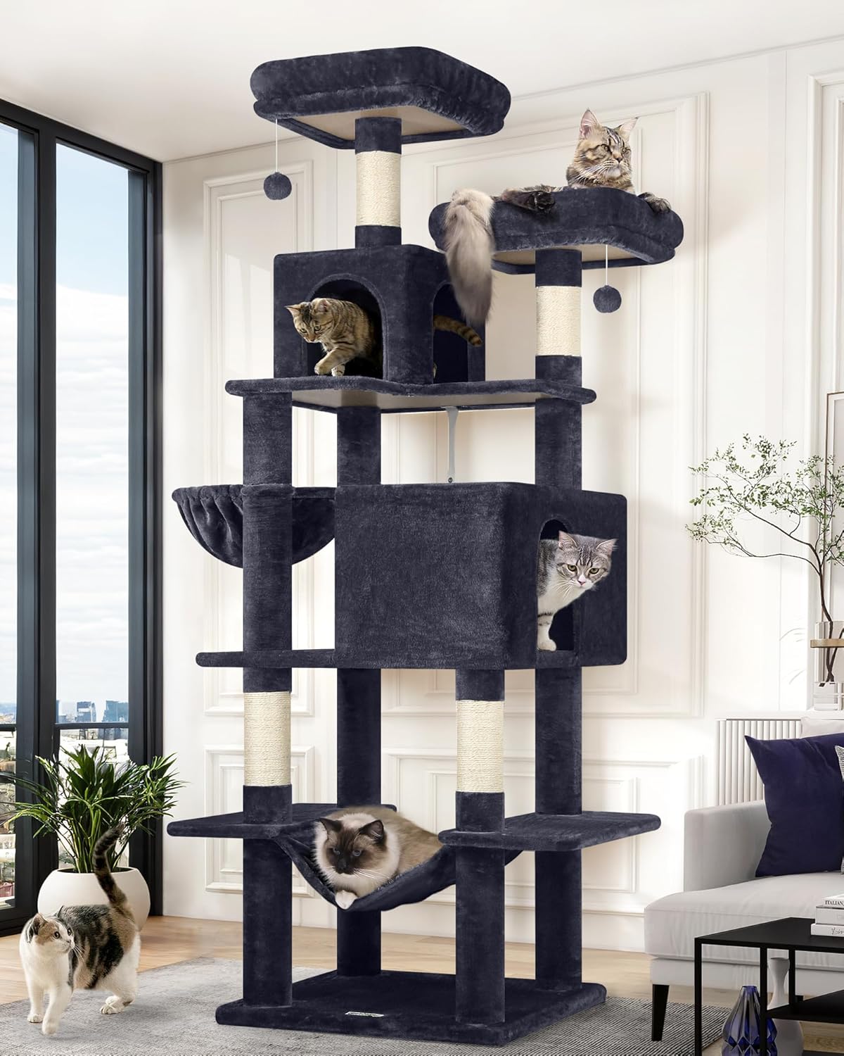 Globlazer Cat Tree Tower, 76-Inch Extra Tall Multi-Level Cat Furniture with Cozy Condos, Hammock