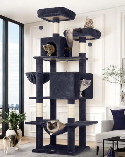 Globlazer Cat Tree Tower, 76-Inch Extra Tall Multi-Level Cat Furniture with Cozy Condos, Hammock