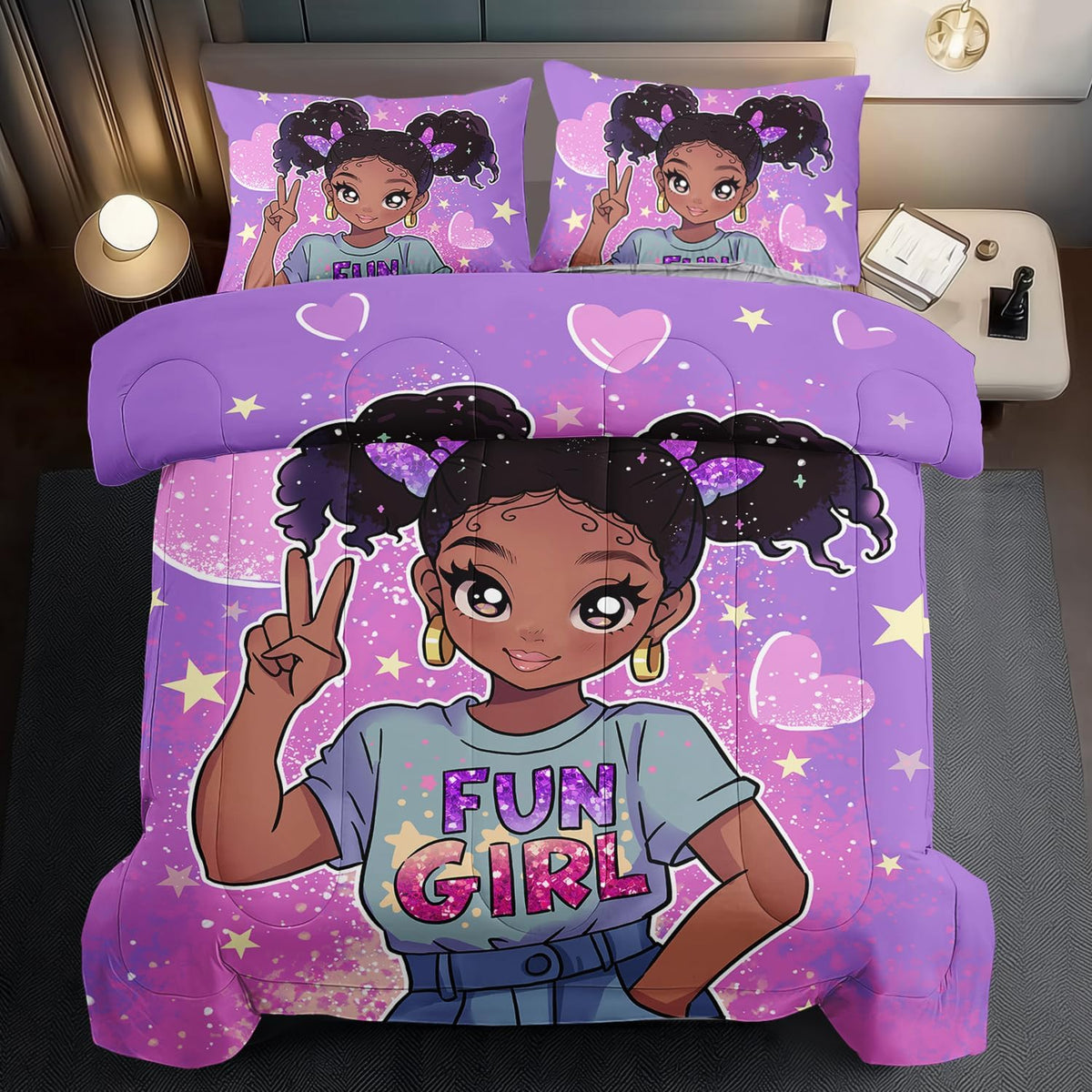 African American Black Girl Comforter Set King Size,Cute Black Girl Bedding Set King for