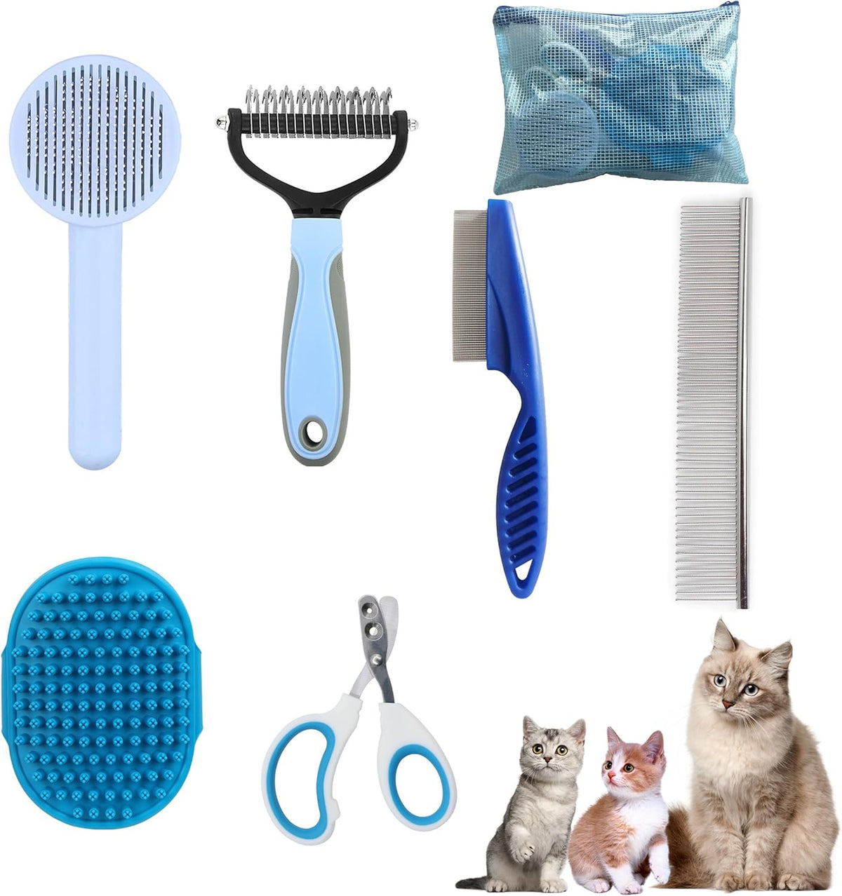 Cat Grooming Brush Kit 6 Tools - Deshedding & Dematting for Long/Short Hair, Self-Cleaning Slicker