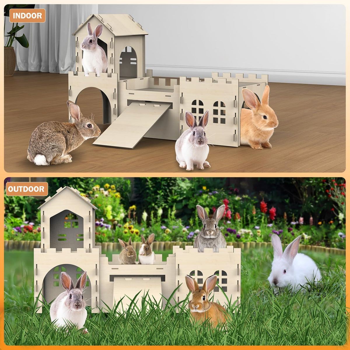 Large Bunny House and Hideouts, Wooden Dual-Layer Rabbit Castle with Stair, Rubber Band-Free Setup