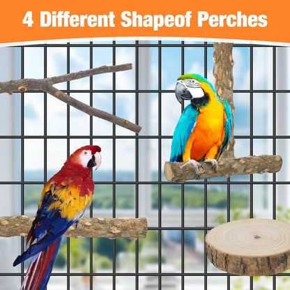 Bird Perch Stand, Pole Standing Natural Wood Bird Perch Set 7PCS Paw Grinding Fork Parrot Cage