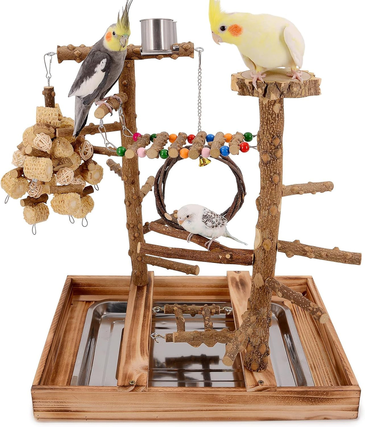 Bird Playground - Natural Wood Bird Perch Stand with Removable Tray and 2 Stainless Steel Cups
