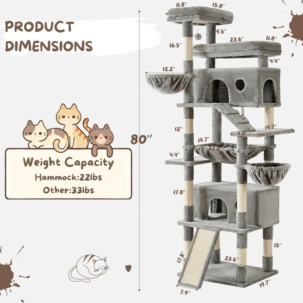 Cat Tree, 80-Inch Large Cat Tower with 9 Scratching Posts, 2 Perches, 2 Caves, 2 Basket, 2 Stairs