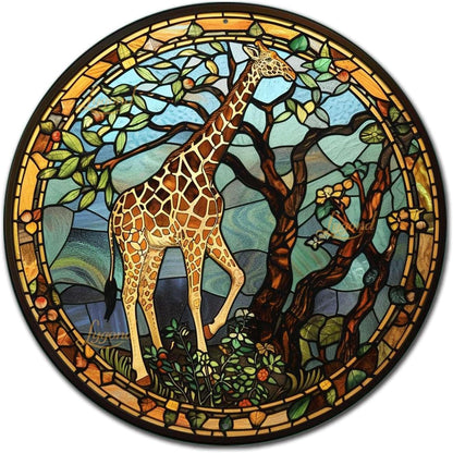 Lygond Metal Sign Tin Sign Circular Stained Glass Giraffe Bathroom Signs for Home for Garage 8×8