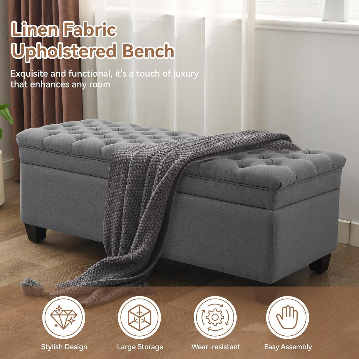 51" Fabric Storage Ottoman Bench, Upholstered Rectangle End of Bed Storage Ottoman Tufted Living