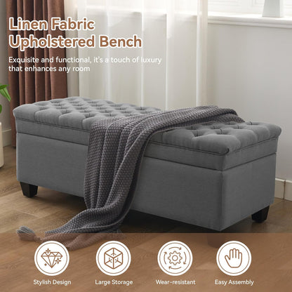 51" Fabric Storage Ottoman Bench, Upholstered Rectangle End of Bed Storage Ottoman Tufted Living