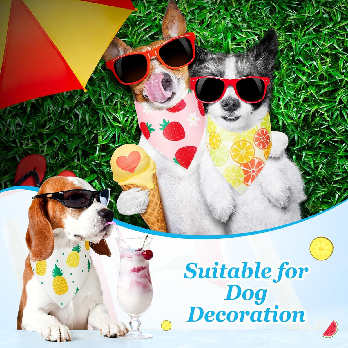 100 Pcs Fruit Dog Bandanas Bulk Summer Bandanas for Dogs Hawaiian Soft Bibs Adjustable Triangle