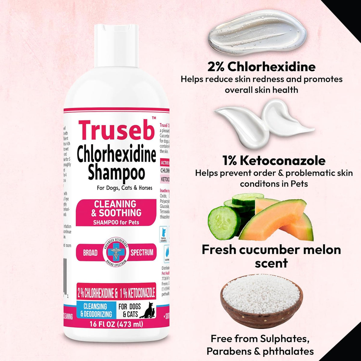 Truseb Topical Ketoconazole and Chlorhexidine Shampoo for Dogs, Cats, and Horses with Aloe - 16 oz