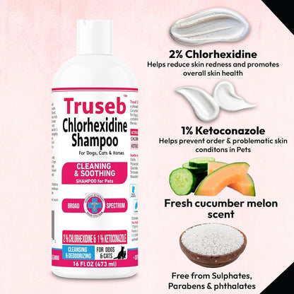 Truseb Topical Ketoconazole and Chlorhexidine Shampoo for Dogs, Cats, and Horses with Aloe - 16 oz