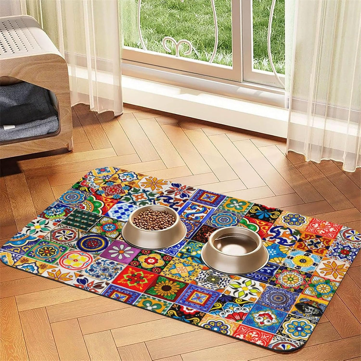 Bohemian Chic Floral Dog Food Mat Absorbent Bowl Mats No Stains Quick Dry Waterproof Pet Cat