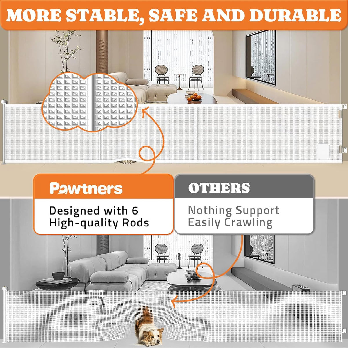 Pawtners Retractable Baby Gates Extra Wide, 41" Tall Extends up to 120" Wide, Dog Gate Indoor with
