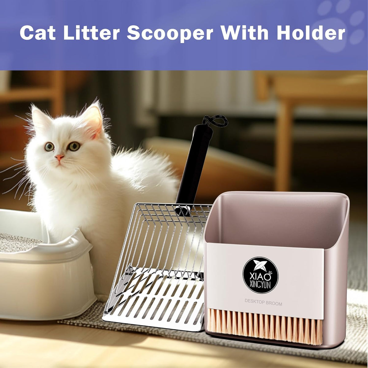 Cat Litter Scooper with Holder, Metal Litter Scoop Includes Portable Small Broom and Dustpan Set
