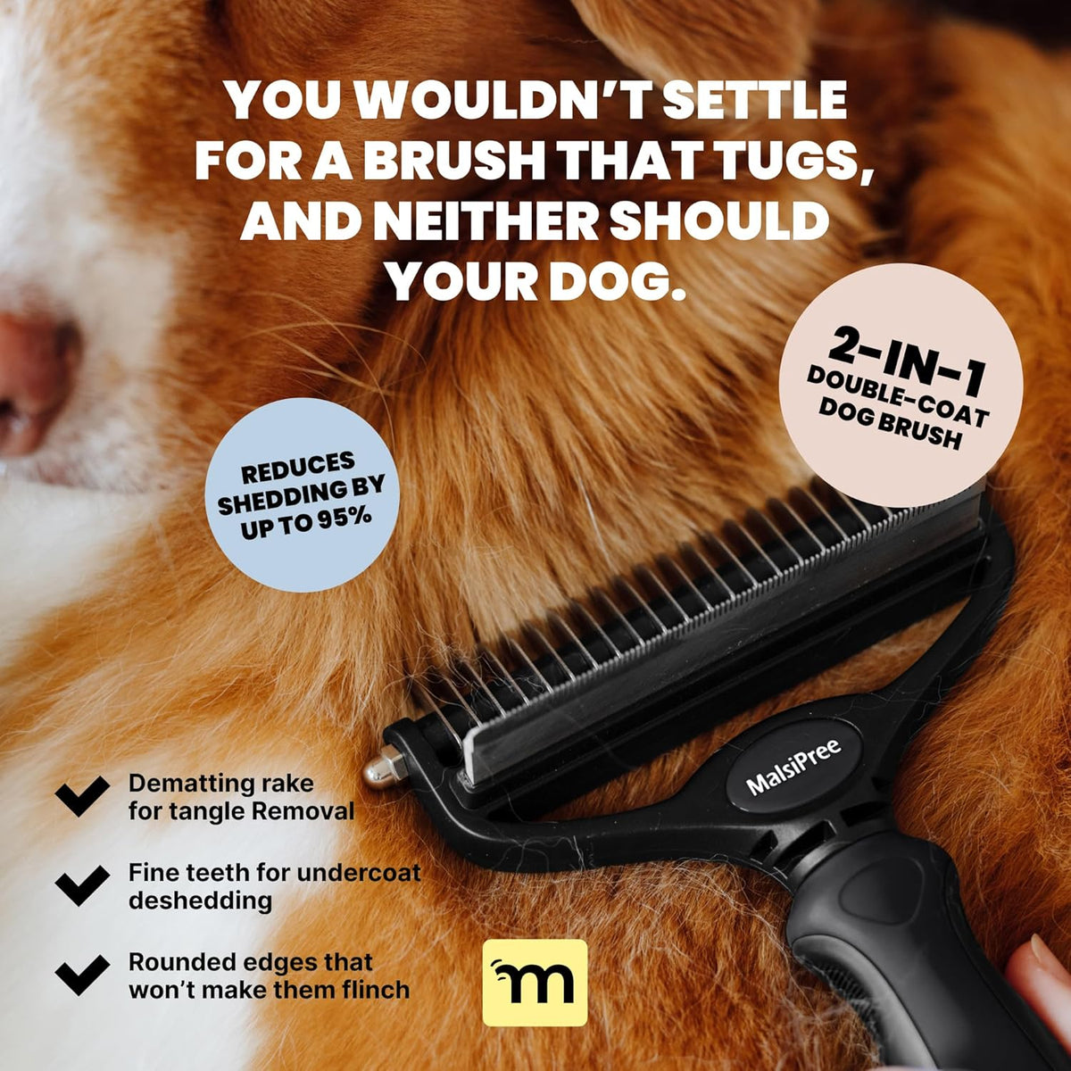 MalsiPree Dog Brush - Large, Black - 2-in-1 Undercoat Rake & Dematting Rake - Shedding Brush &