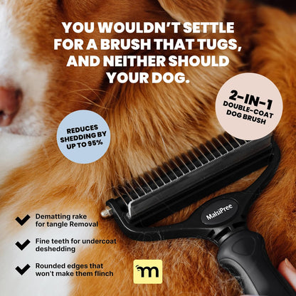 MalsiPree Dog Brush - Large, Black - 2-in-1 Undercoat Rake & Dematting Rake - Shedding Brush &
