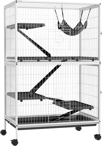 PawHut Metal Small Animal Cage, 5-Tiers Rolling Big Ferret Cage with Hammock, Removable Tray, for