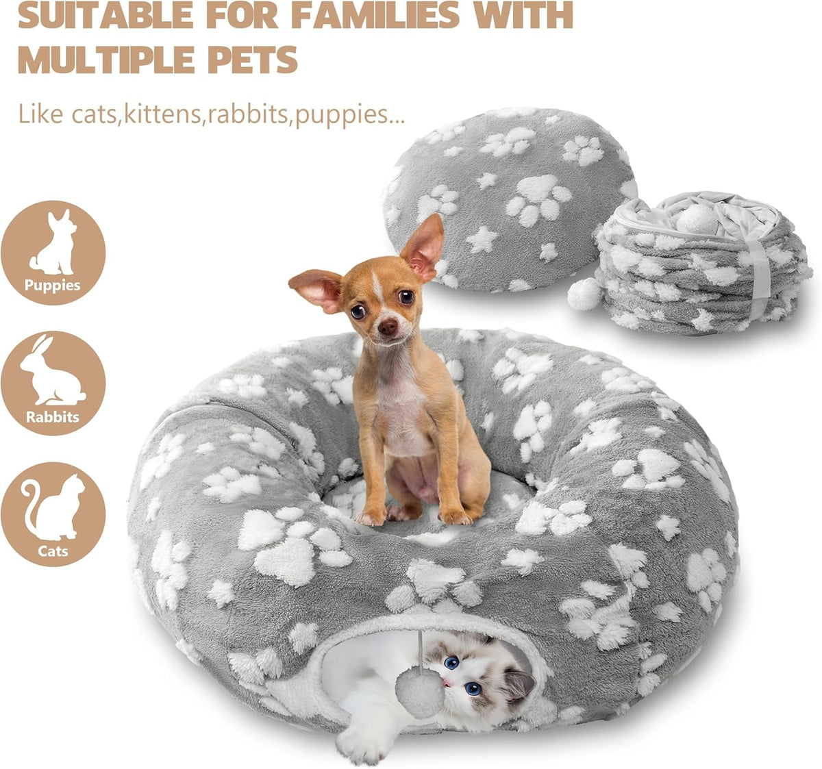 Cat Tunnel for Indoor Cats, Cute Peekaboo Cave with Dangling Balls, Pet Donut Tunnel Bed with
