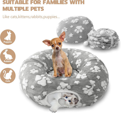 Cat Tunnel for Indoor Cats, Cute Peekaboo Cave with Dangling Balls, Pet Donut Tunnel Bed with