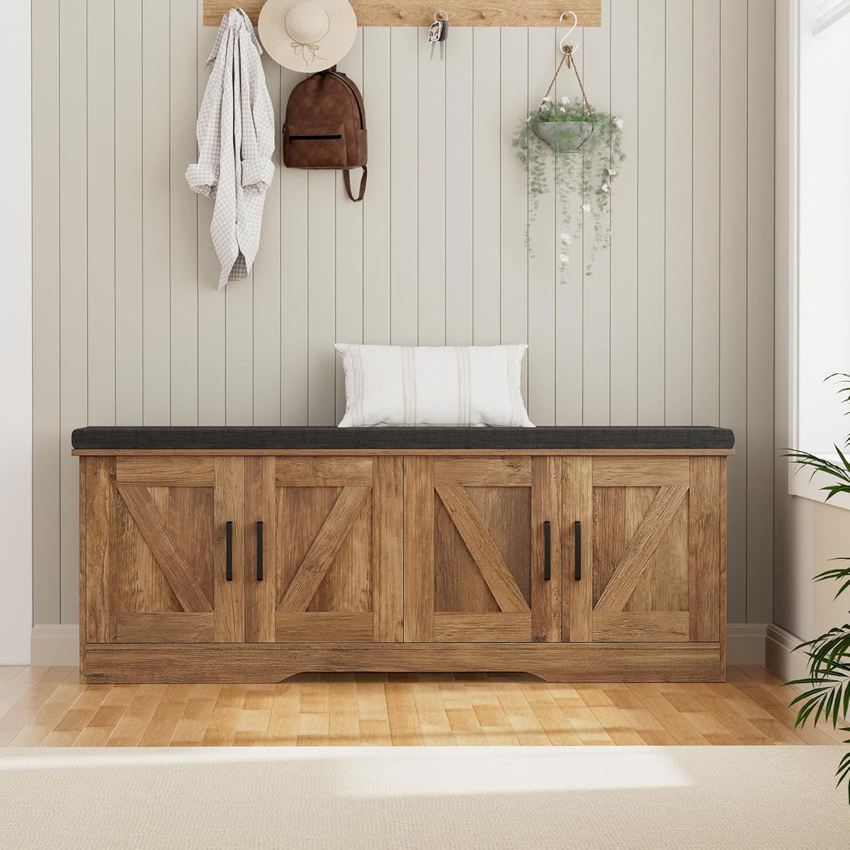 2-Tier Storage Bench, Shoe Bench with Padded Seat Cushion, Entryway Bench with 4 Barn Doors